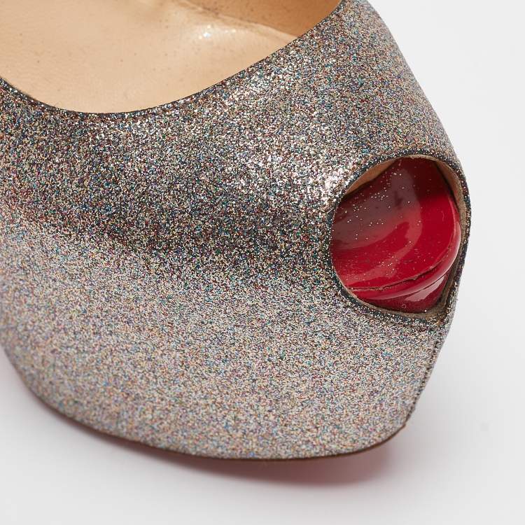 Pre Owned Christian Louboutin Gold Glitter Highness Peep Toe Platform Pumps Size 36.5