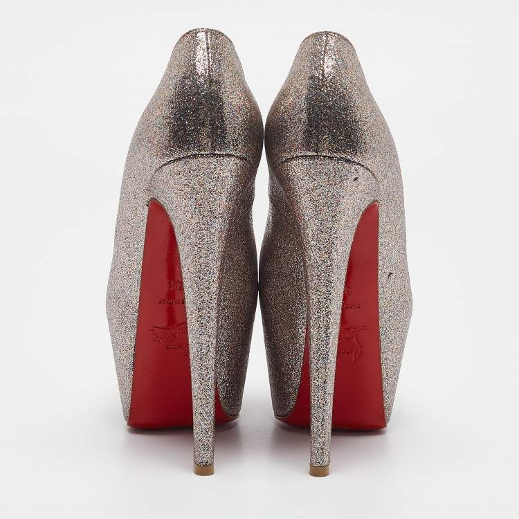 Pre Owned Christian Louboutin Gold Glitter Highness Peep Toe Platform Pumps Size 36.5