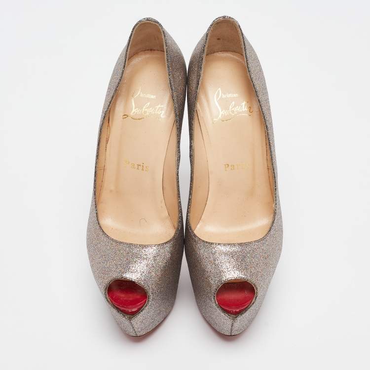 Pre Owned Christian Louboutin Gold Glitter Highness Peep Toe Platform Pumps Size 36.5
