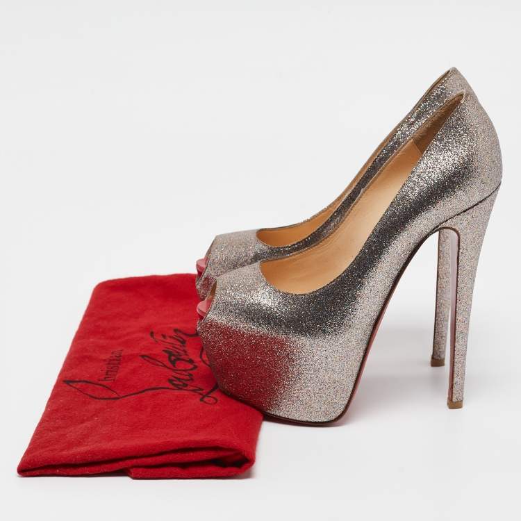 Pre Owned Christian Louboutin Gold Glitter Highness Peep Toe Platform Pumps Size 36.5