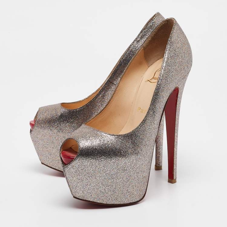 Pre Owned Christian Louboutin Gold Glitter Highness Peep Toe Platform Pumps Size 36.5