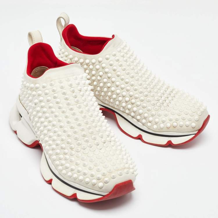 Pre Owned Christian Louboutin White Neoprene Spike Sock Slip On Platform Sneakers Size 38