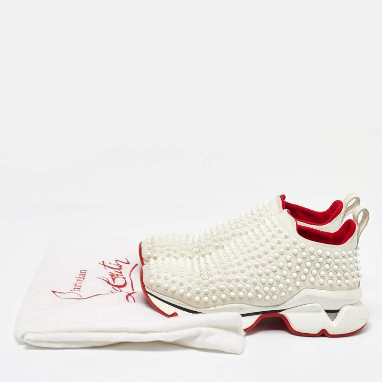 Pre Owned Christian Louboutin White Neoprene Spike Sock Slip On Platform Sneakers Size 38