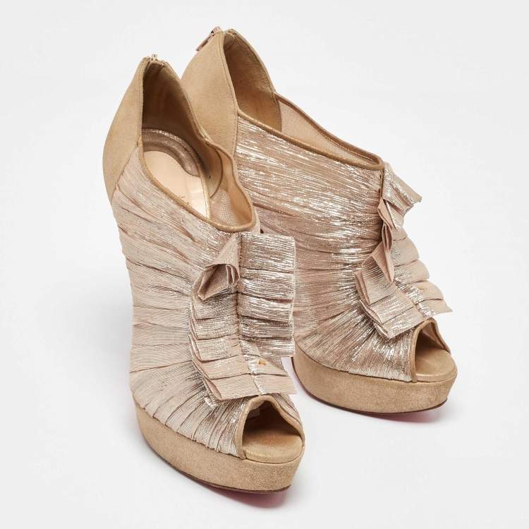 Pre Owned Christian Louboutin Gold/Beige Lurex Fabric and Suede Canon Booties Size 37