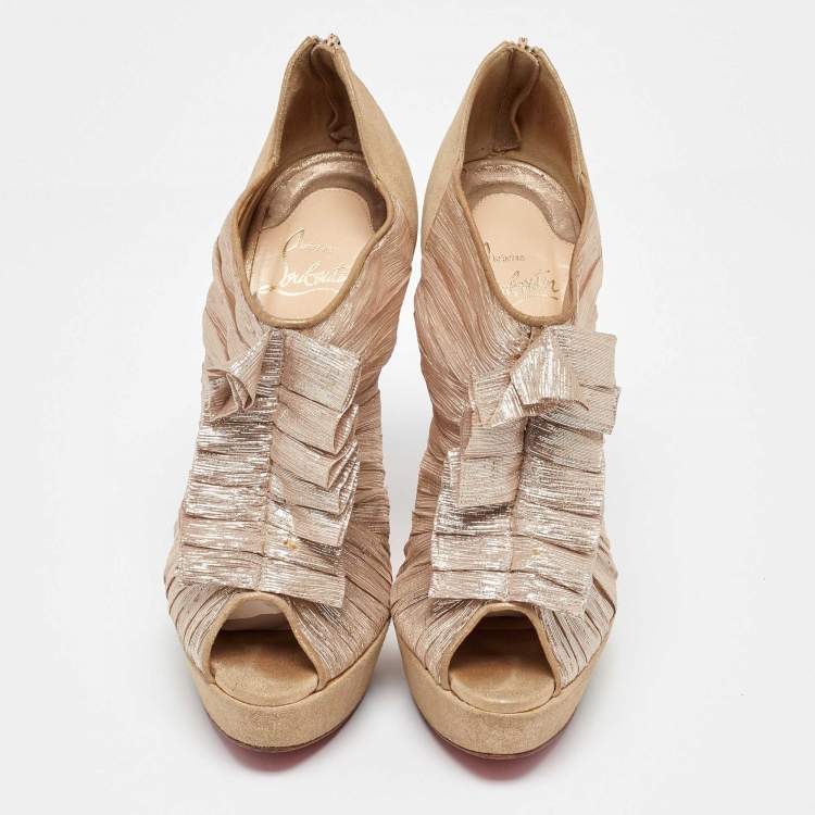 Pre Owned Christian Louboutin Gold/Beige Lurex Fabric and Suede Canon Booties Size 37