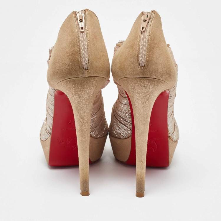 Pre Owned Christian Louboutin Gold/Beige Lurex Fabric and Suede Canon Booties Size 37