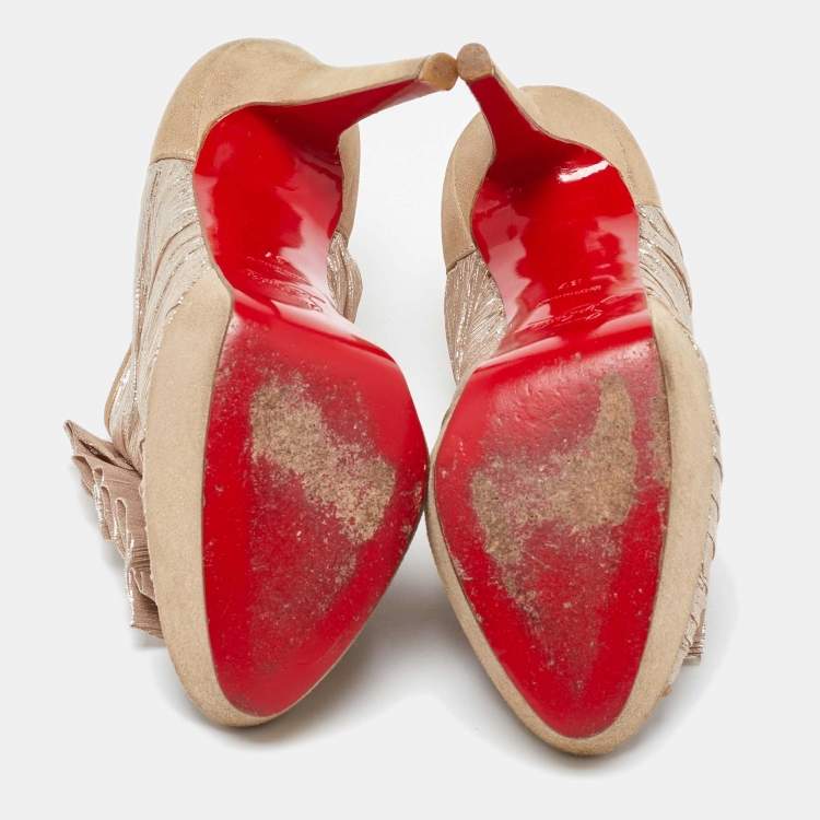 Pre Owned Christian Louboutin Gold/Beige Lurex Fabric and Suede Canon Booties Size 37