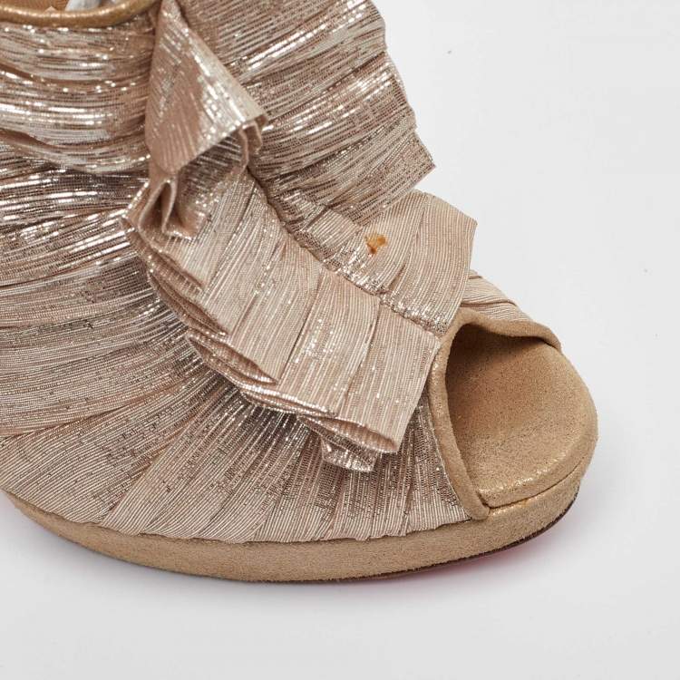 Pre Owned Christian Louboutin Gold/Beige Lurex Fabric and Suede Canon Booties Size 37