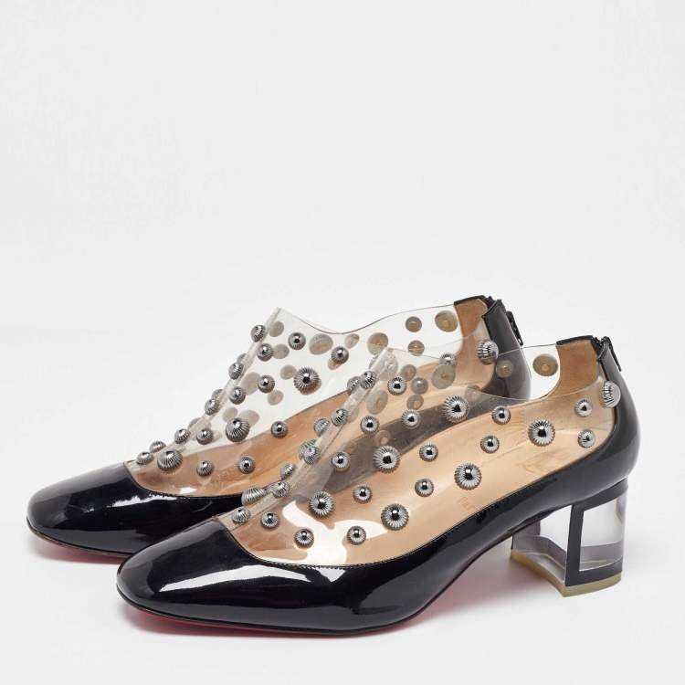Pre Owned Christian Louboutin Black Patent Leather and PVC Space Odd Boots Size 40