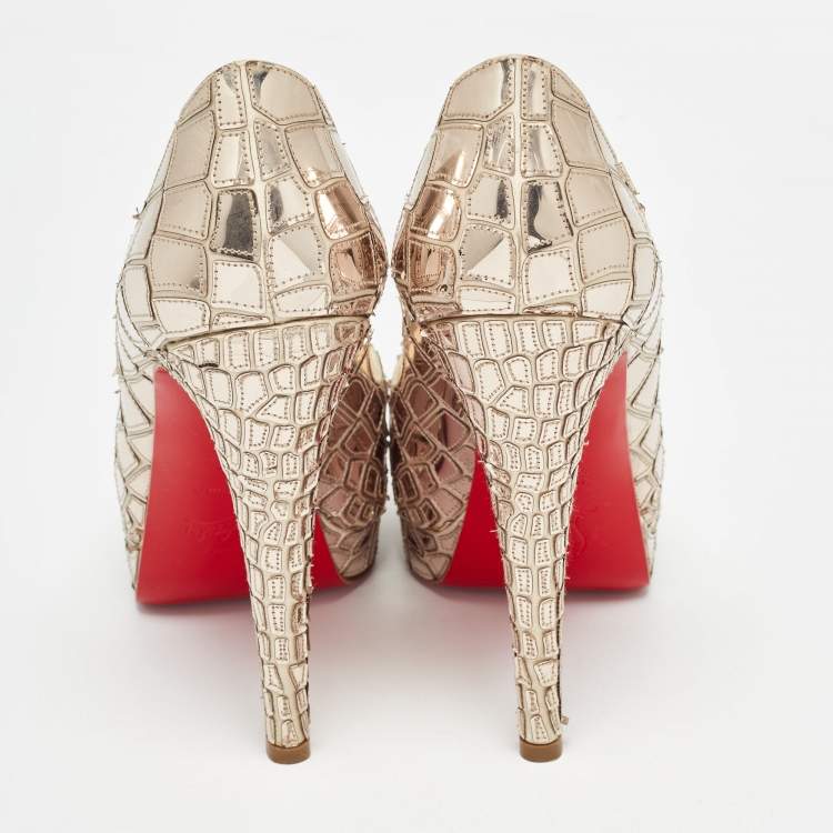 Pre Owned Christian Louboutin Gold Patent Leather Mirrored Very Galaxy Art Deco  Pumps Size 37