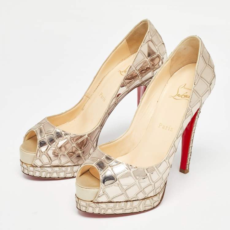Pre Owned Christian Louboutin Gold Patent Leather Mirrored Very Galaxy Art Deco  Pumps Size 37