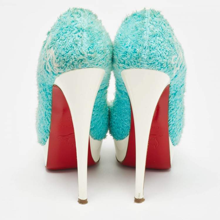 Pre Owned Christian Louboutin Blue Fur and Patent Terry Cloth Lady Peep Pumps Size 36