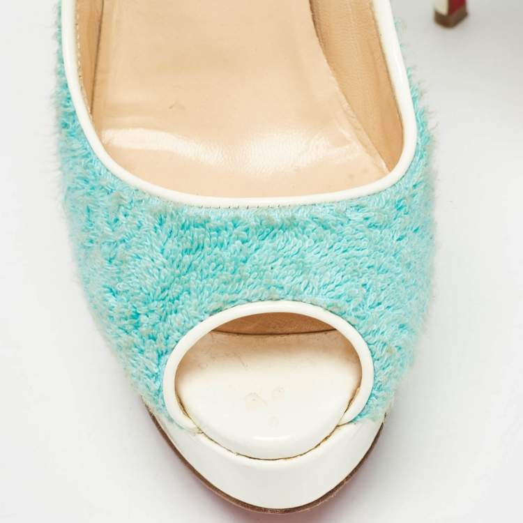 Pre Owned Christian Louboutin Blue Fur and Patent Terry Cloth Lady Peep Pumps Size 36