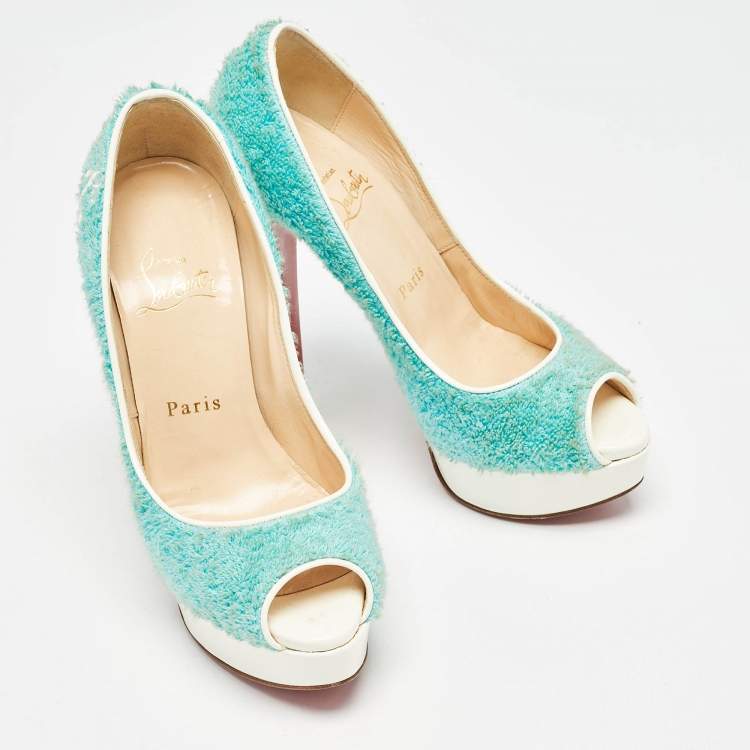 Pre Owned Christian Louboutin Blue Fur and Patent Terry Cloth Lady Peep Pumps Size 36