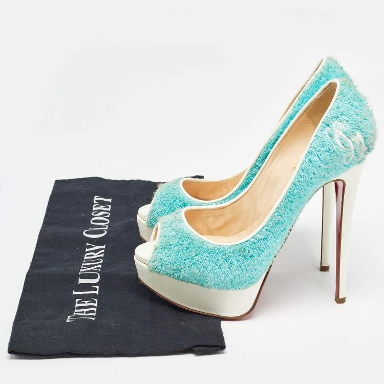 Pre Owned Christian Louboutin Blue Fur and Patent Terry Cloth Lady Peep Pumps Size 36