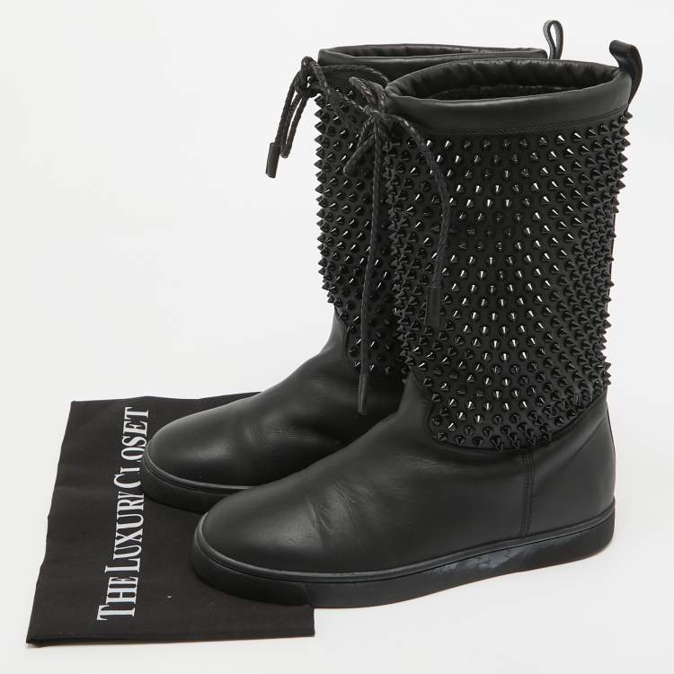 Pre Owned Christian Louboutin Black Leather Surlapony Spiked Mid Calf Boots Size 40