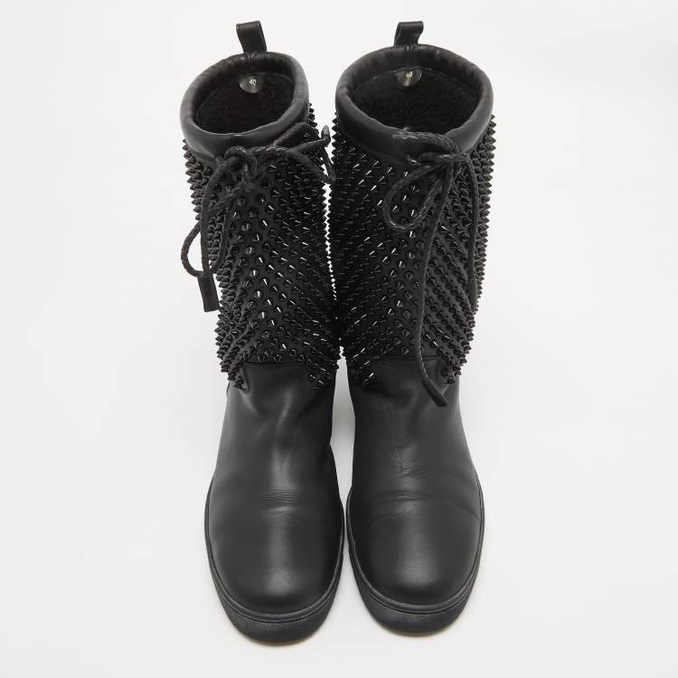 Pre Owned Christian Louboutin Black Leather Surlapony Spiked Mid Calf Boots Size 40