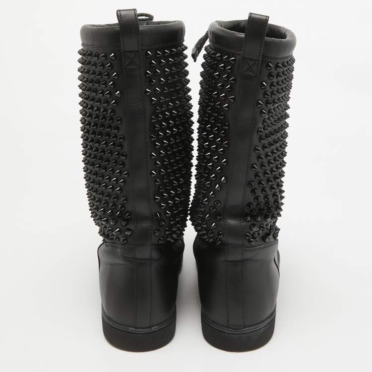 Pre Owned Christian Louboutin Black Leather Surlapony Spiked Mid Calf Boots Size 40