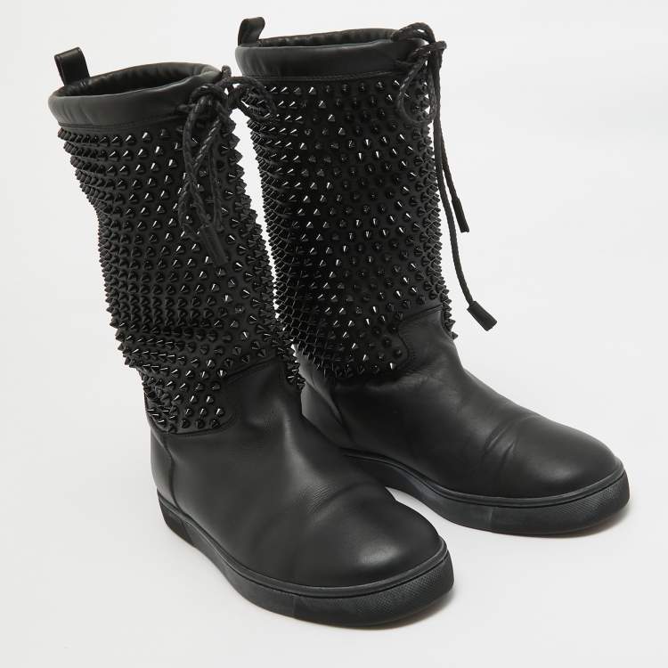 Pre Owned Christian Louboutin Black Leather Surlapony Spiked Mid Calf Boots Size 40
