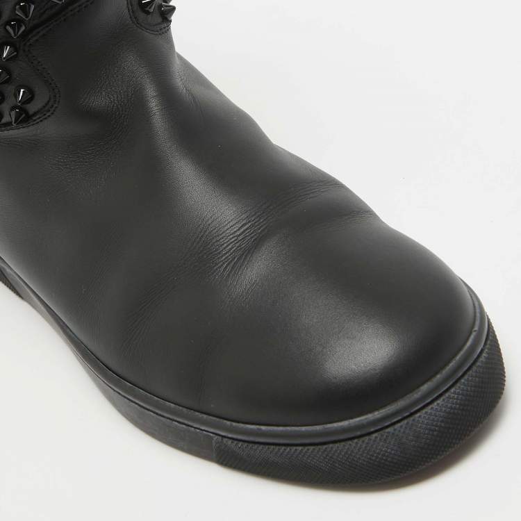 Pre Owned Christian Louboutin Black Leather Surlapony Spiked Mid Calf Boots Size 40