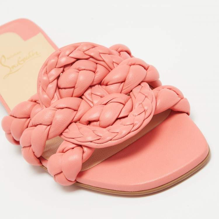 Pre Owned Christian Louboutin Pink Braided Leather Marmella Flat Slides Size 37