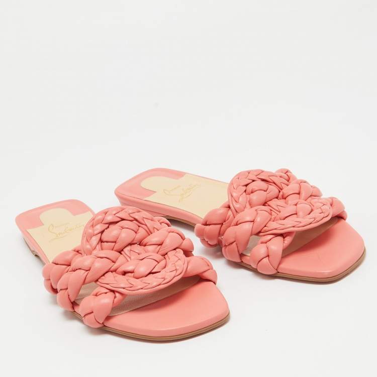Pre Owned Christian Louboutin Pink Braided Leather Marmella Flat Slides Size 37