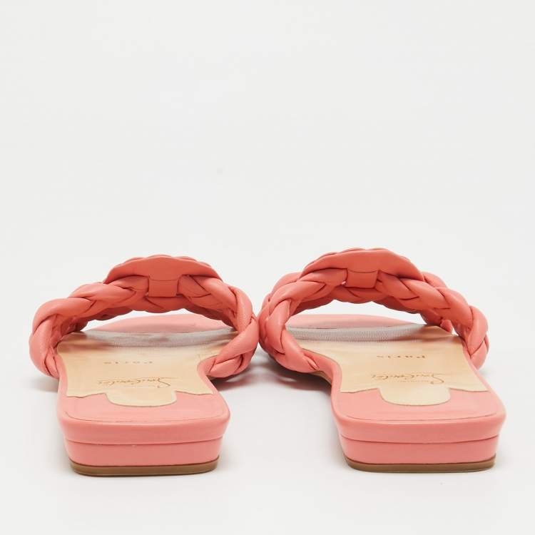 Pre Owned Christian Louboutin Pink Braided Leather Marmella Flat Slides Size 37