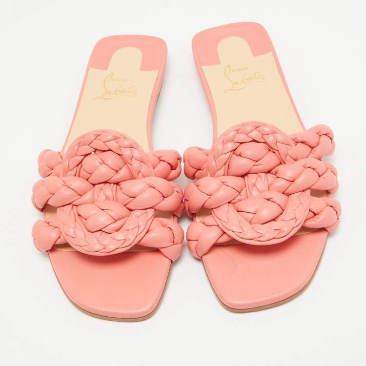 Pre Owned Christian Louboutin Pink Braided Leather Marmella Flat Slides Size 37