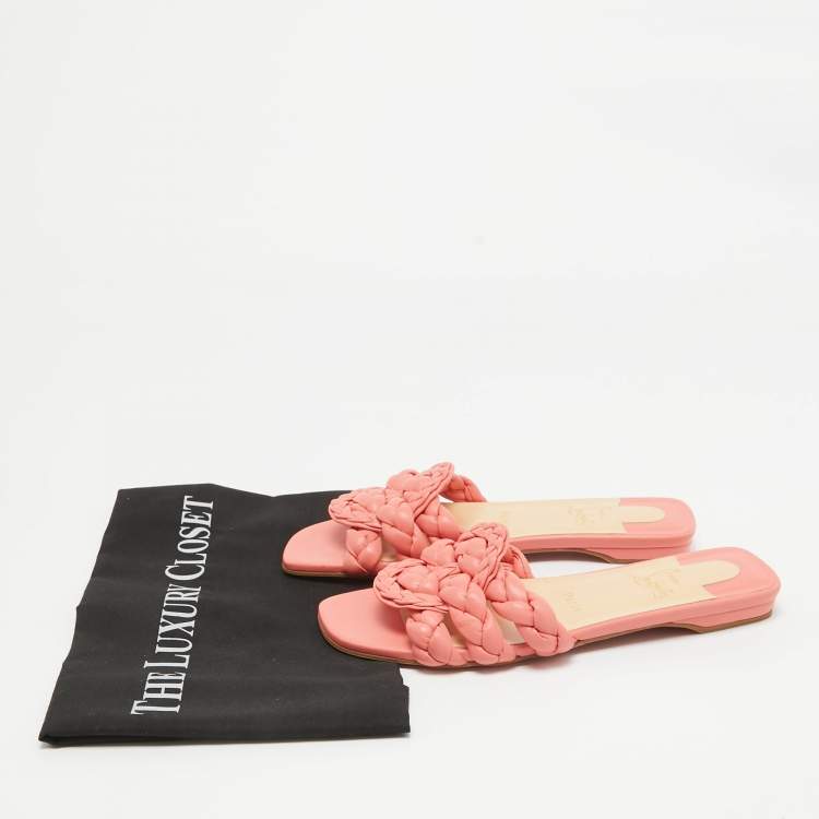 Pre Owned Christian Louboutin Pink Braided Leather Marmella Flat Slides Size 37