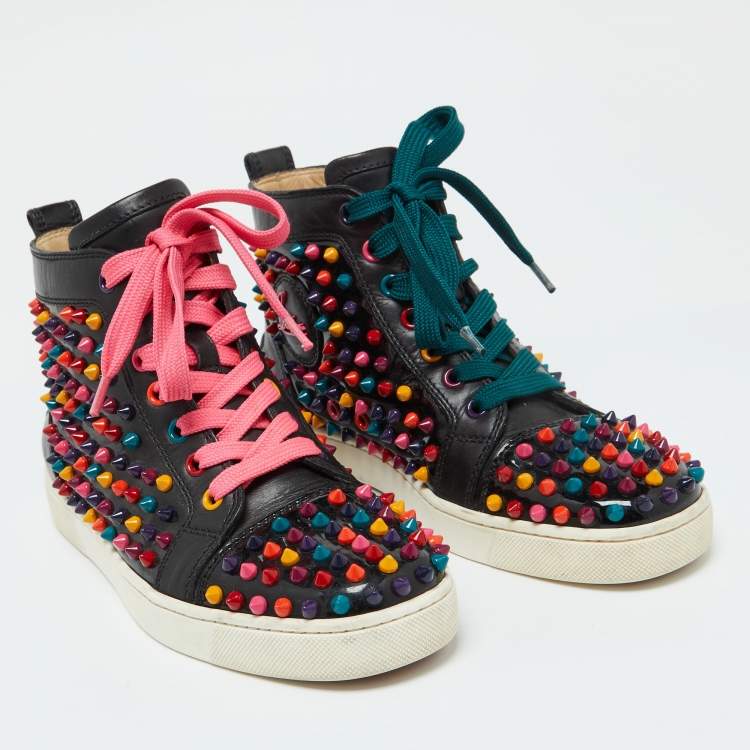 Pre Owned Christian Louboutin Black Patent and Leather Multicolor Spikes Louis Sneakers Size 38