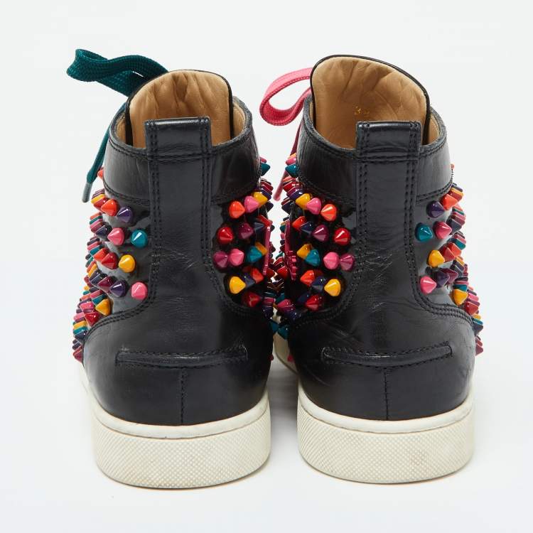 Pre Owned Christian Louboutin Black Patent and Leather Multicolor Spikes Louis Sneakers Size 38