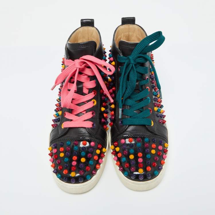Pre Owned Christian Louboutin Black Patent and Leather Multicolor Spikes Louis Sneakers Size 38