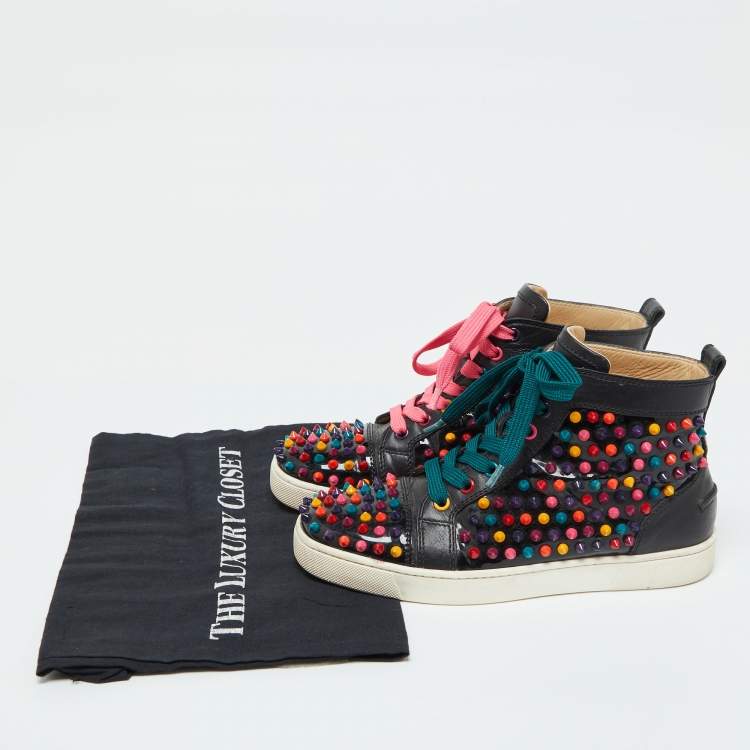 Pre Owned Christian Louboutin Black Patent and Leather Multicolor Spikes Louis Sneakers Size 38