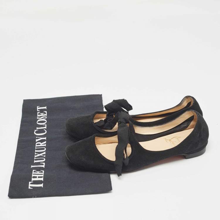 Pre Owned Christian Louboutin Black Suede Bow Tie Ballet Flats Size 35.5