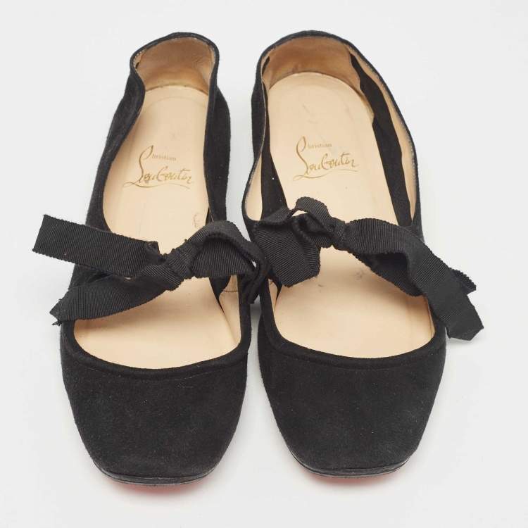 Pre Owned Christian Louboutin Black Suede Bow Tie Ballet Flats Size 35.5
