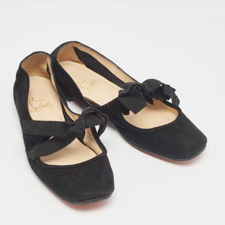 Pre Owned Christian Louboutin Black Suede Bow Tie Ballet Flats Size 35.5