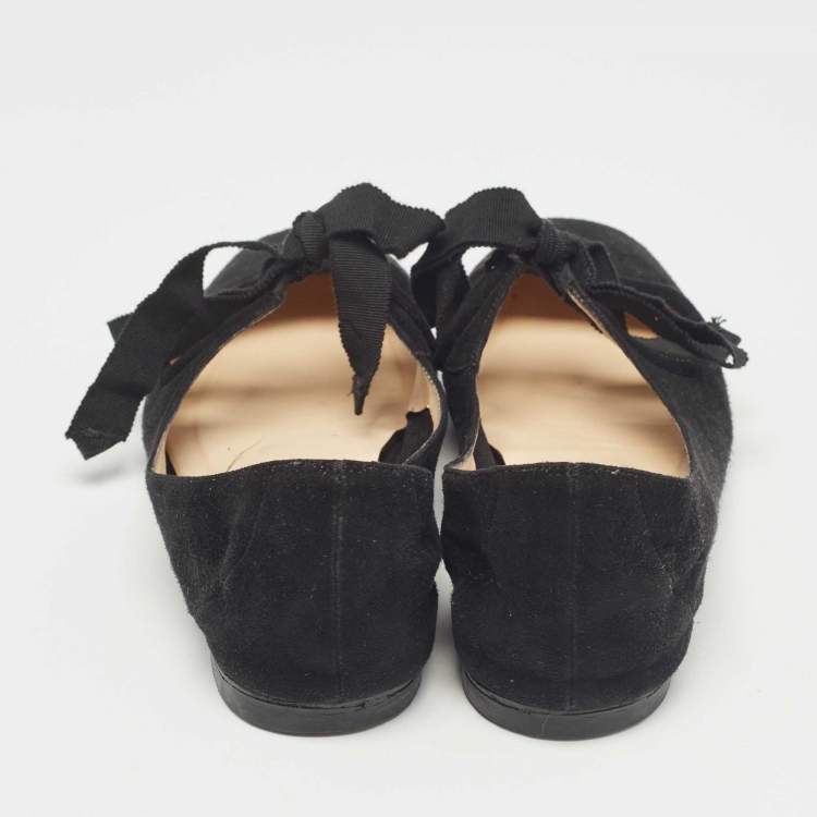 Pre Owned Christian Louboutin Black Suede Bow Tie Ballet Flats Size 35.5