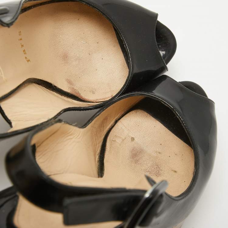 Pre Owned Christian Louboutin Black Patent Leather Une Plume Slingback Sandals Size 35
