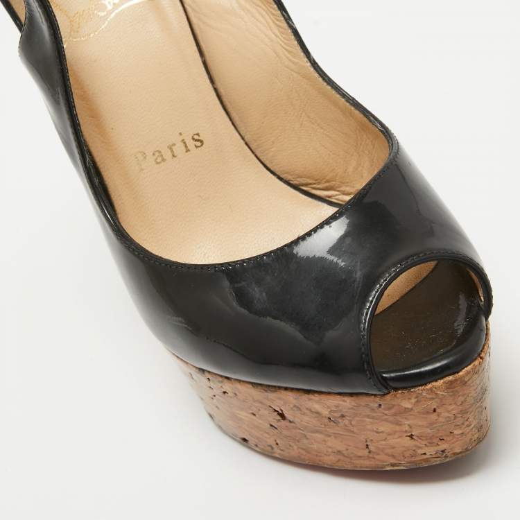 Pre Owned Christian Louboutin Black Patent Leather Une Plume Slingback Sandals Size 35