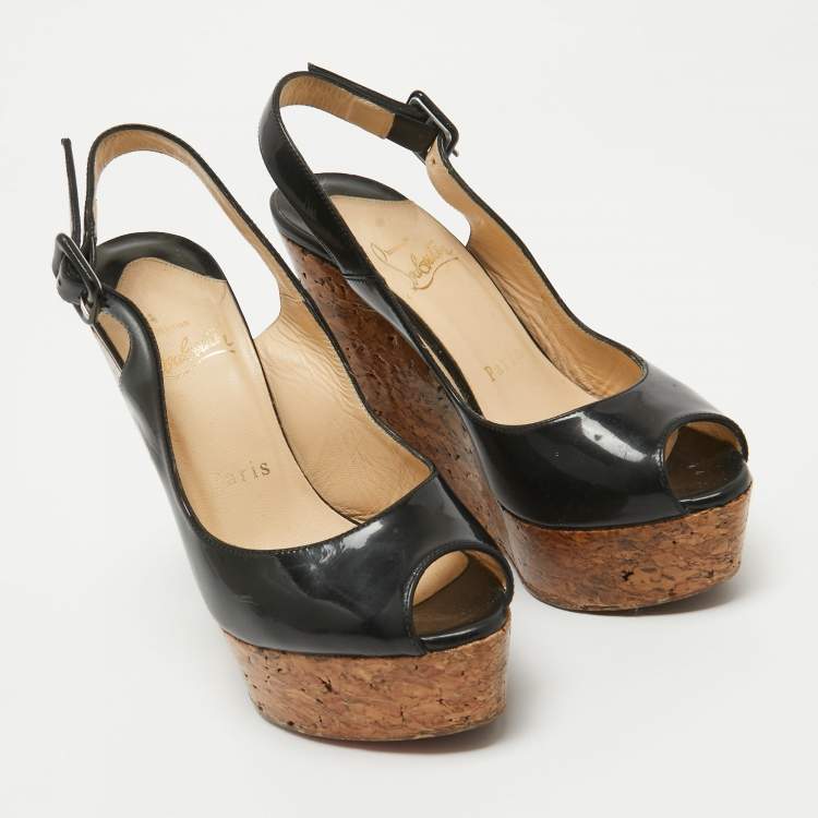 Pre Owned Christian Louboutin Black Patent Leather Une Plume Slingback Sandals Size 35