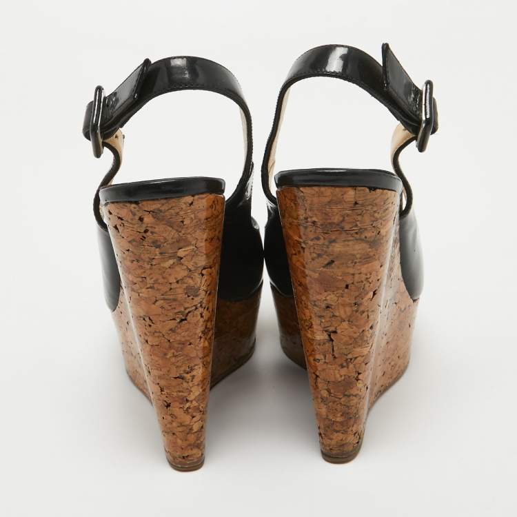 Pre Owned Christian Louboutin Black Patent Leather Une Plume Slingback Sandals Size 35
