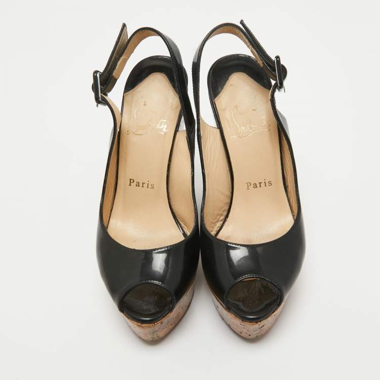 Pre Owned Christian Louboutin Black Patent Leather Une Plume Slingback Sandals Size 35