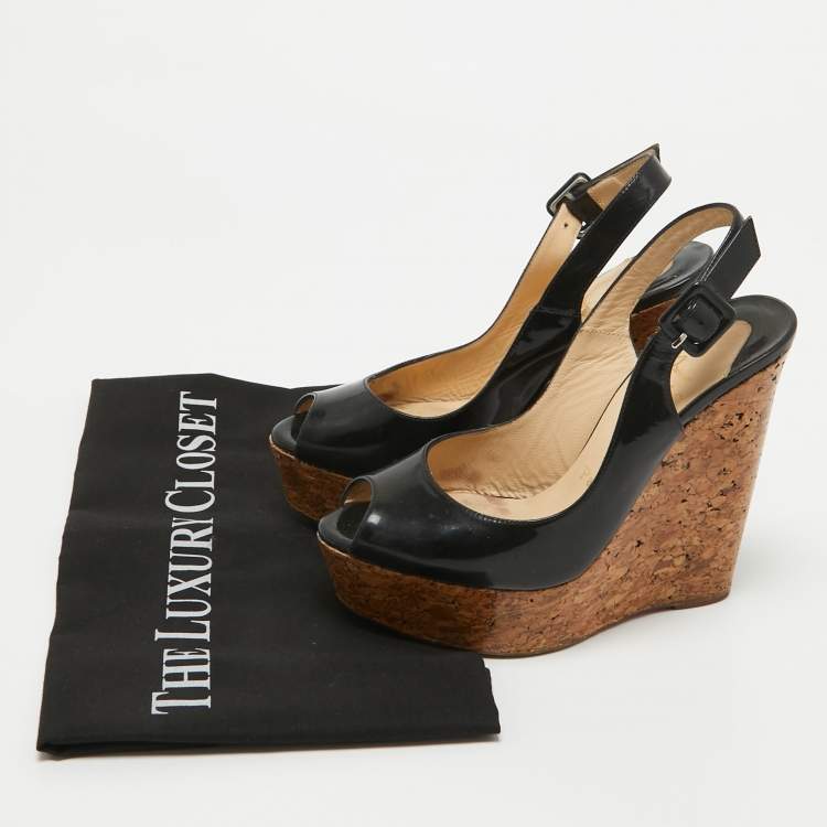 Pre Owned Christian Louboutin Black Patent Leather Une Plume Slingback Sandals Size 35