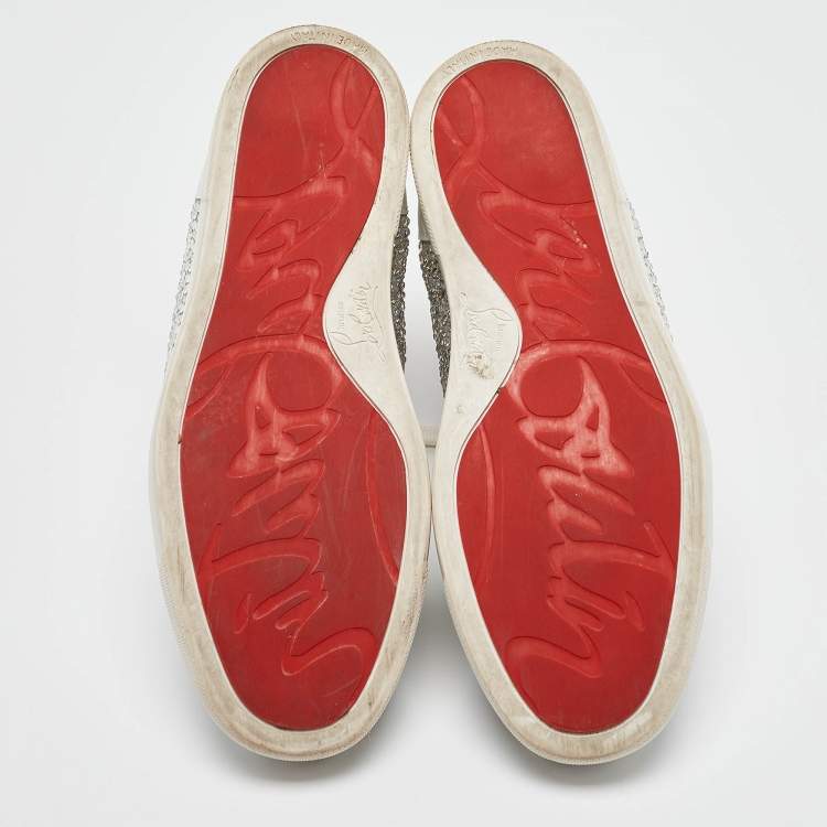 Pre Owned Christian Louboutin White/Grey Leather Crystal Embellished High Top Sneakers Size 38.5