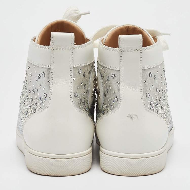 Pre Owned Christian Louboutin White/Grey Leather Crystal Embellished High Top Sneakers Size 38.5
