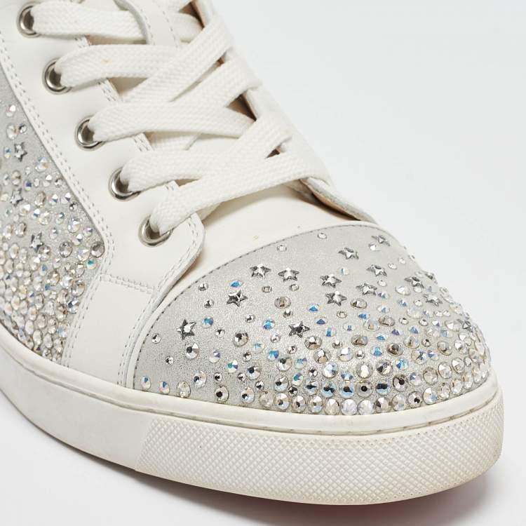 Pre Owned Christian Louboutin White/Grey Leather Crystal Embellished High Top Sneakers Size 38.5
