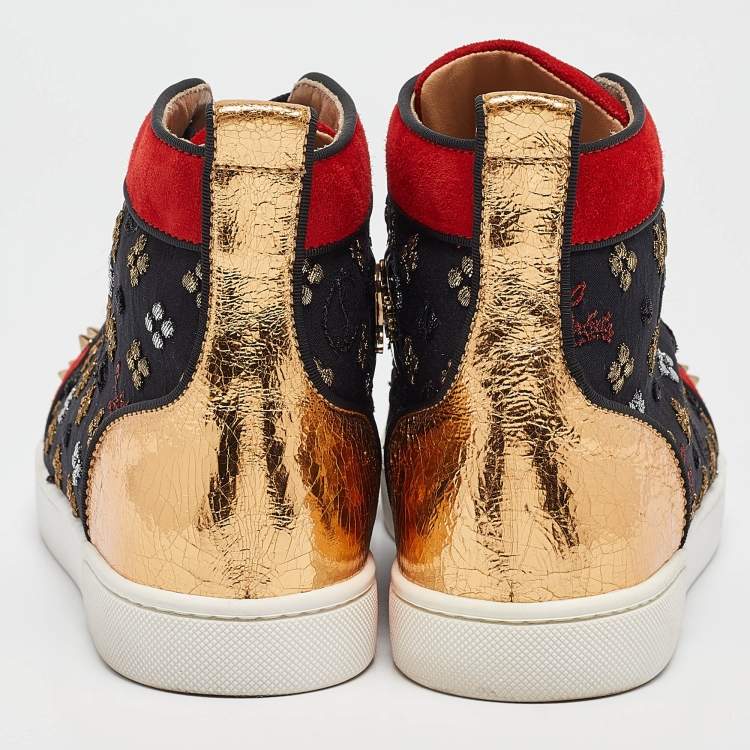 Pre Owned Christian Louboutin Multicolor Fabric and Patent Leather Lou Spike Orlato High Top Sneakers Size 39.5
