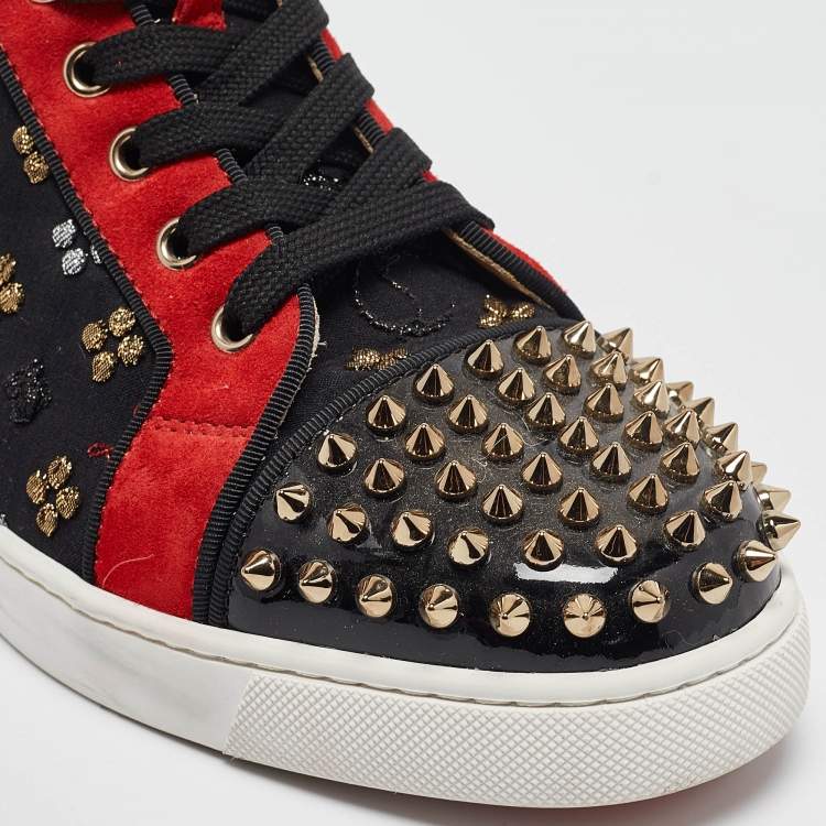 Pre Owned Christian Louboutin Multicolor Fabric and Patent Leather Lou Spike Orlato High Top Sneakers Size 39.5