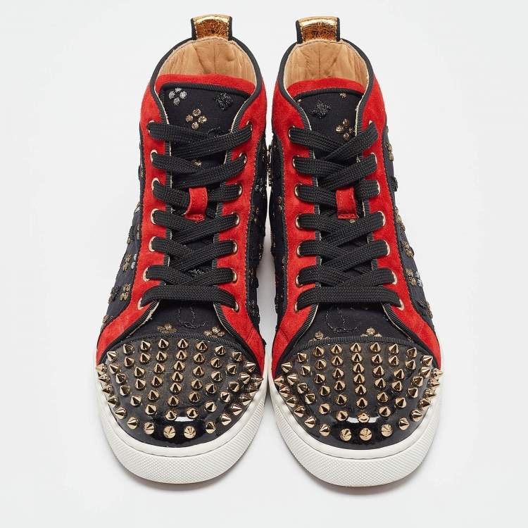 Pre Owned Christian Louboutin Multicolor Fabric and Patent Leather Lou Spike Orlato High Top Sneakers Size 39.5