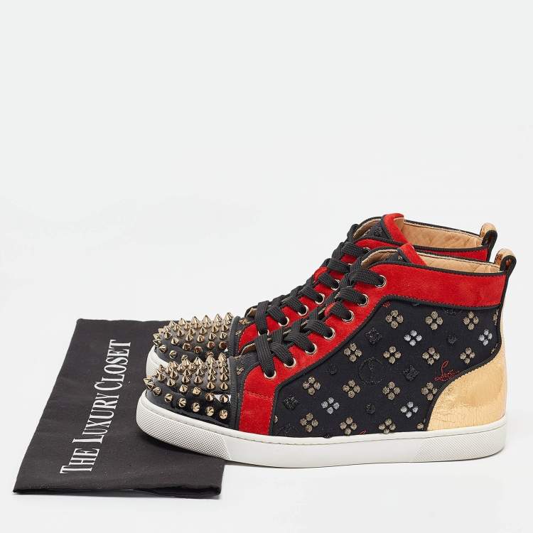 Pre Owned Christian Louboutin Multicolor Fabric and Patent Leather Lou Spike Orlato High Top Sneakers Size 39.5